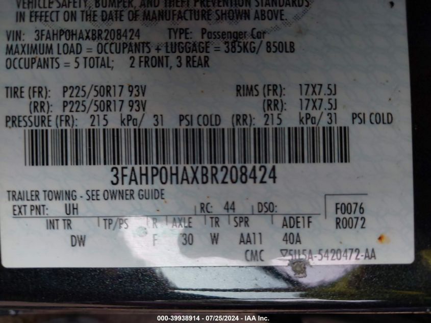 2011 Ford Fusion Se VIN: 3FAHP0HAXBR208424 Lot: 39938914