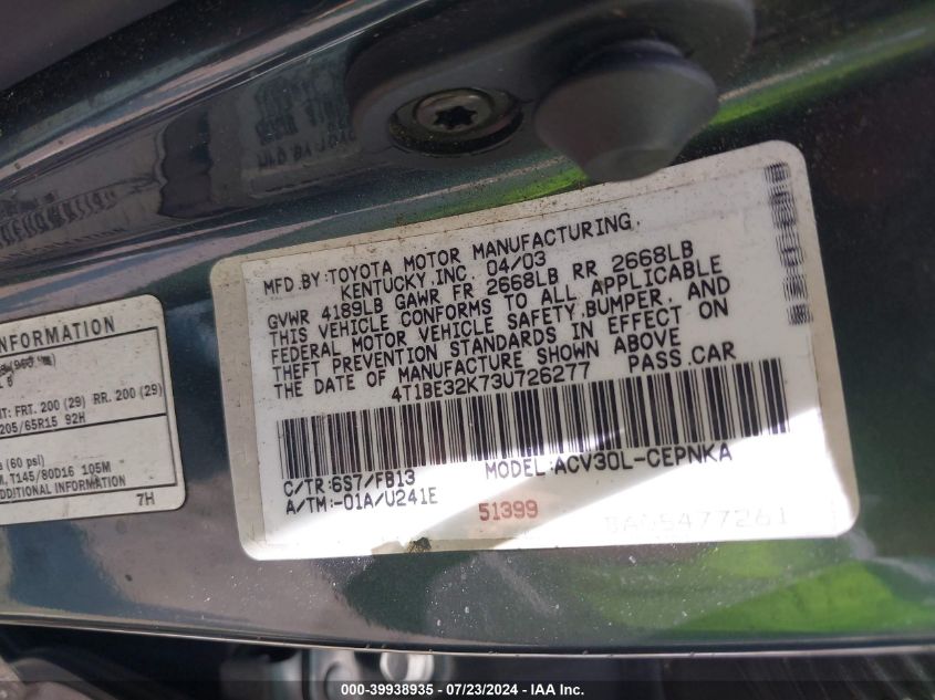 2003 Toyota Camry Le VIN: 4T1BE32K73U726277 Lot: 39938935