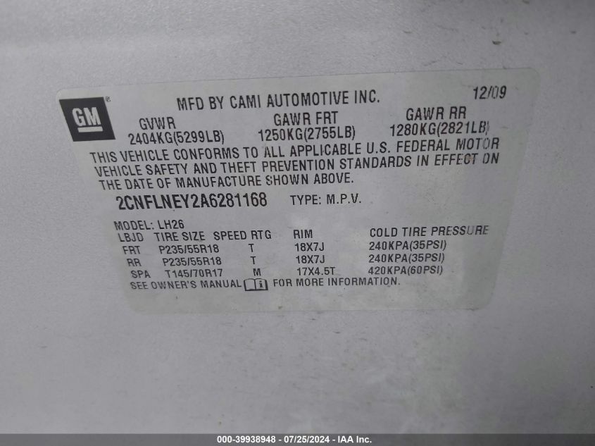 2010 Chevrolet Equinox Lt VIN: 2CNFLNEY2A6281168 Lot: 39938948