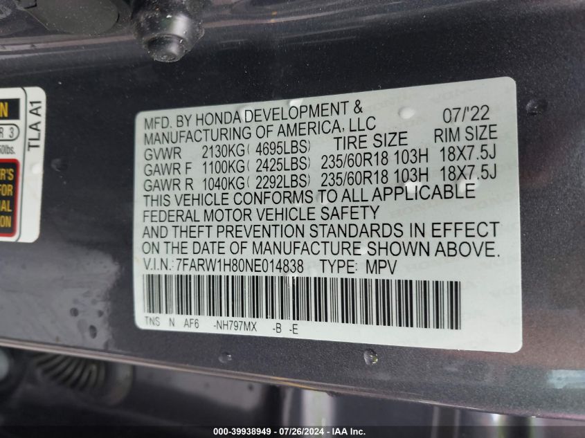 2022 Honda Cr-V 2Wd Ex-L VIN: 7FARW1H80NE014838 Lot: 39938949