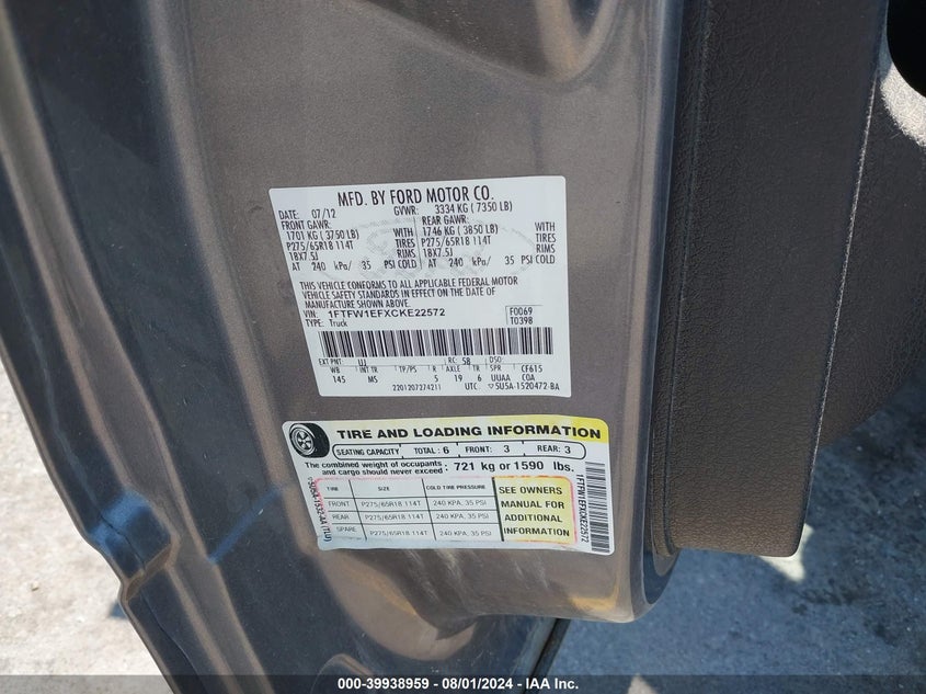 2012 Ford F-150 Xlt VIN: 1FTFW1EFXCKE22572 Lot: 39938959