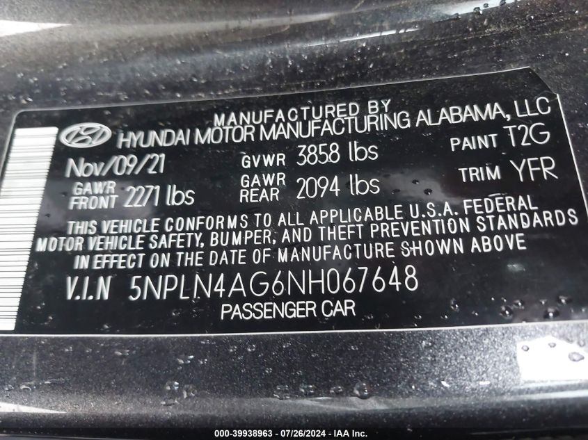 2022 Hyundai Elantra Sel VIN: 5NPLN4AG6NH067648 Lot: 39938963