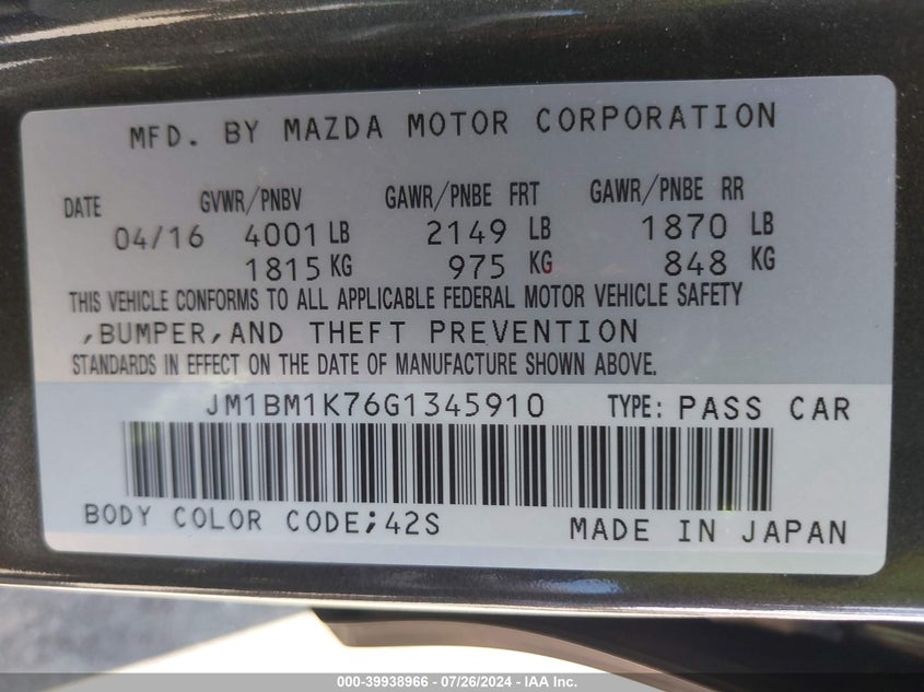 2016 Mazda 3 Sport VIN: JM1BM1K76G1345910 Lot: 39938966