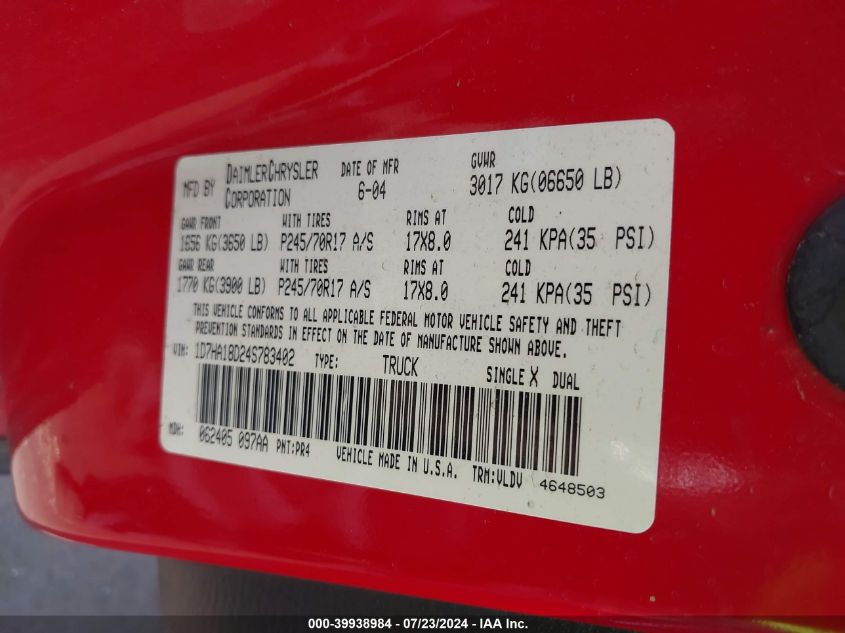 2004 Dodge Ram 1500 Slt/Laramie VIN: 1D7HA18D24S783402 Lot: 39938984