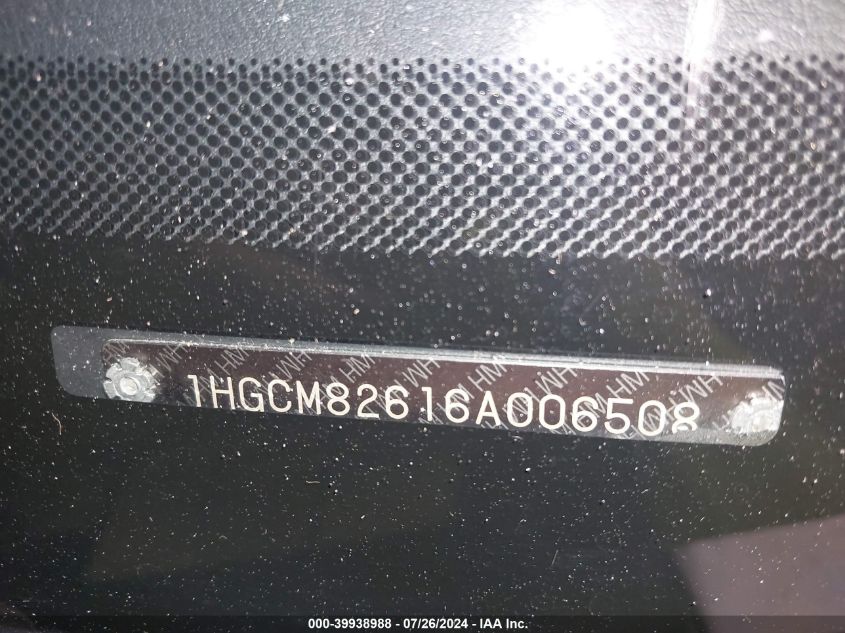 2006 Honda Accord 3.0 Ex VIN: 1HGCM82616A006508 Lot: 39938988