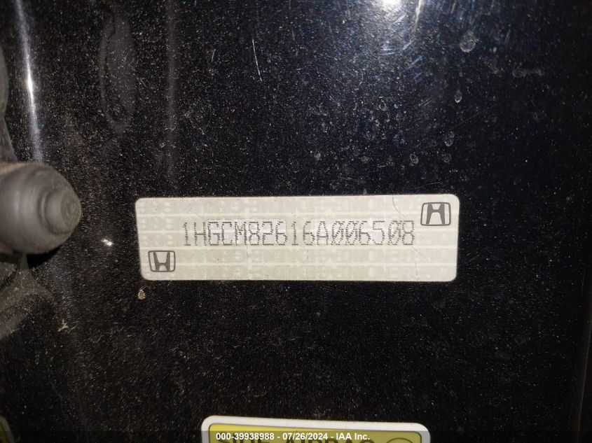 2006 Honda Accord 3.0 Ex VIN: 1HGCM82616A006508 Lot: 39938988