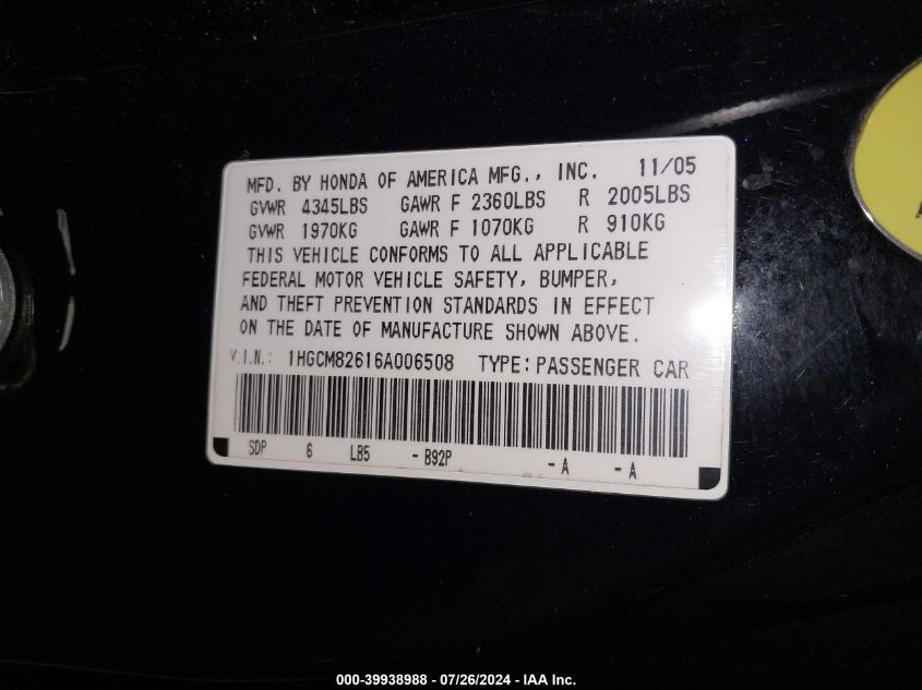 2006 Honda Accord 3.0 Ex VIN: 1HGCM82616A006508 Lot: 39938988
