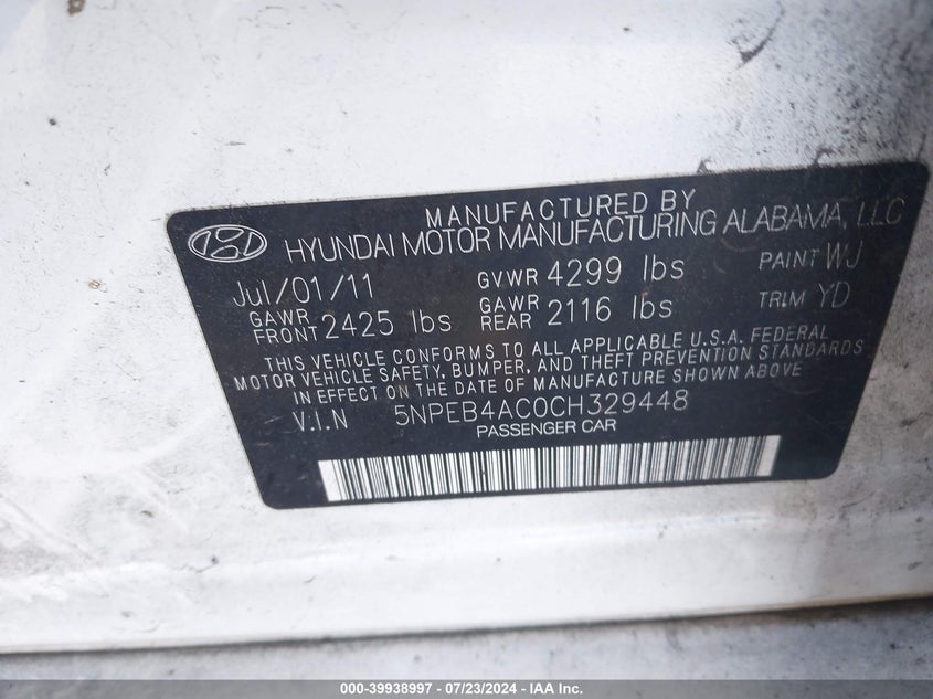 2012 Hyundai Sonata Gls VIN: 5NPEB4AC0CH329448 Lot: 39938997