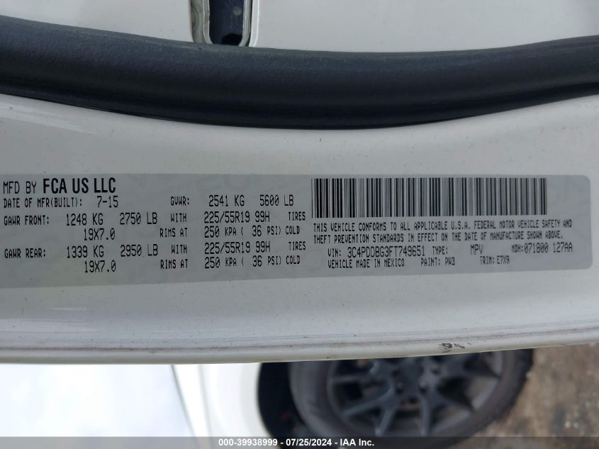 2015 Dodge Journey Sxt VIN: 3C4PDDBG3FT749651 Lot: 39938999