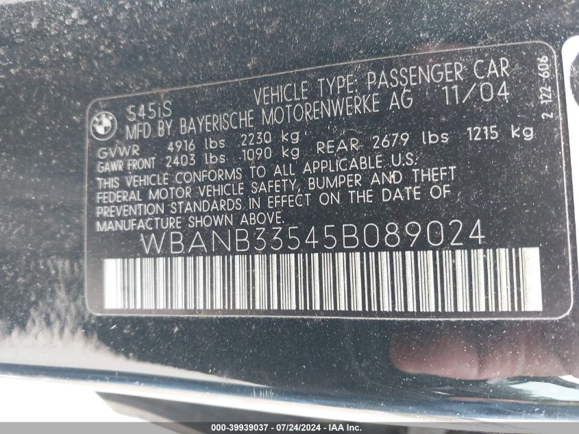 2005 BMW 545I VIN: WBANB33545B089024 Lot: 39939037