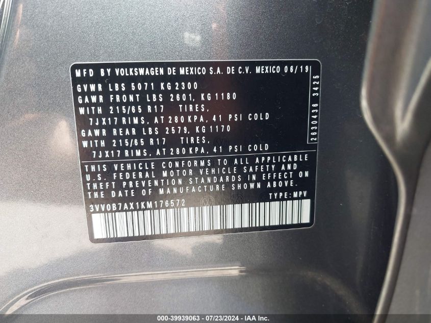 2019 Volkswagen Tiguan 2.0T S VIN: 3VV0B7AX1KM176572 Lot: 39939063