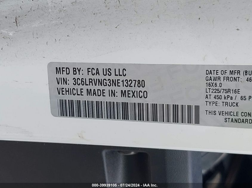 2022 Ram Promaster 1500 1500 Standard VIN: 3C6LRVNG3NE132780 Lot: 39939105