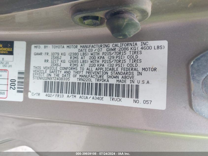 2007 Toyota Tacoma VIN: 5TENX22N97Z408335 Lot: 39939108