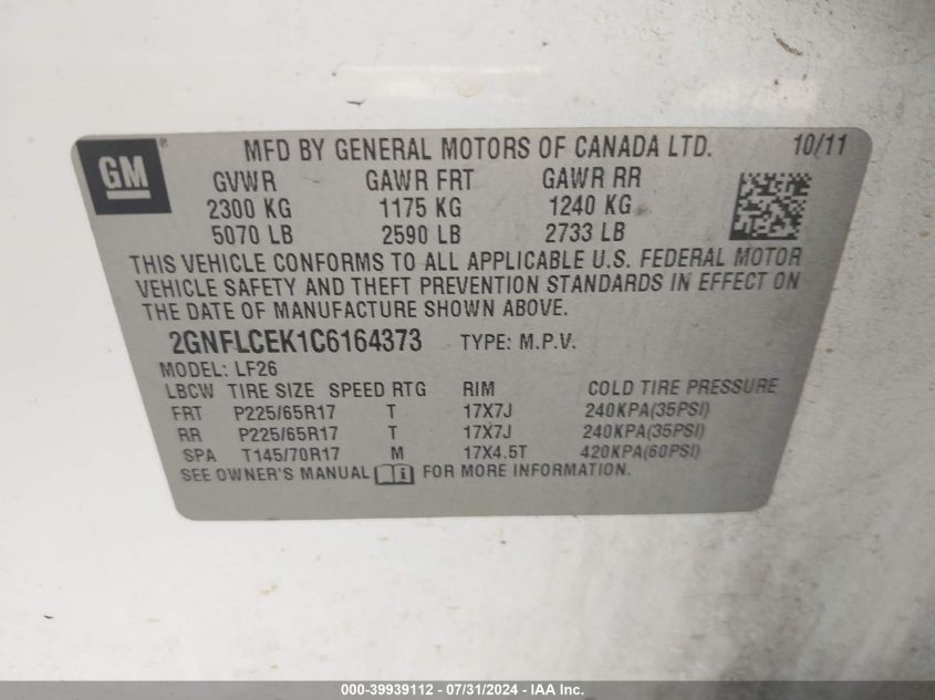 2012 Chevrolet Equinox Ls VIN: 2GNFLCEK1C6164373 Lot: 39939112