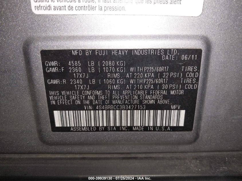 2011 Subaru Outback 2.5I Premium VIN: 4S4BRBCC3B3427153 Lot: 39939130