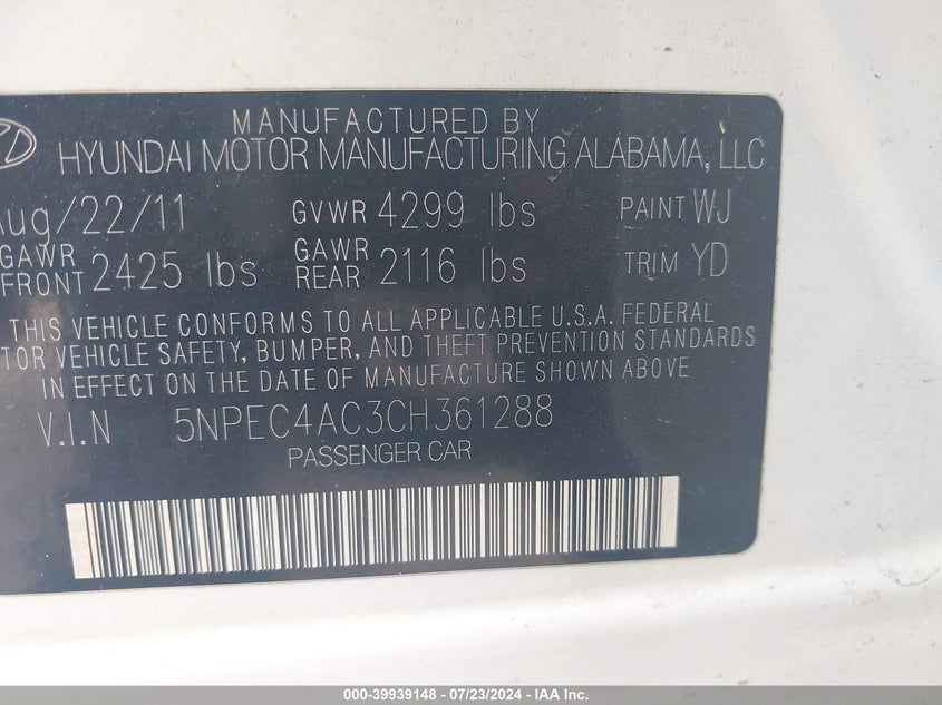 2012 Hyundai Sonata Limited VIN: 5NPEC4AC3CH361288 Lot: 39939148