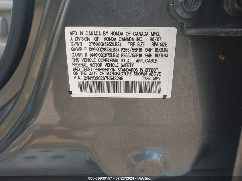 2007 Acura Mdx VIN: 2HNYD28267H543295 Lot: 39939157