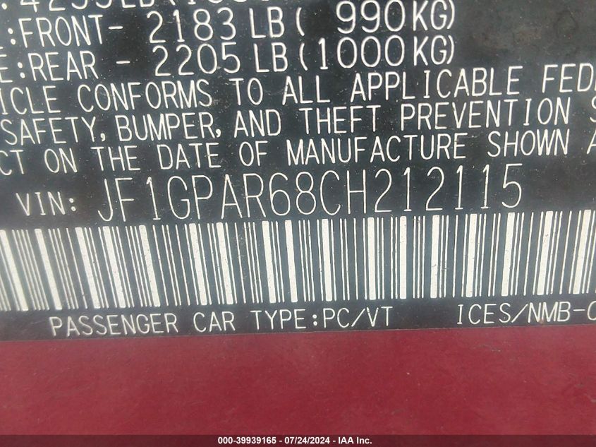 2012 Subaru Impreza 2.0I Sport Limited VIN: JF1GPAR68CH212115 Lot: 39939165