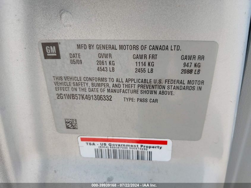 2009 Chevrolet Impala Ls VIN: 2G1WB57K491306332 Lot: 39939168