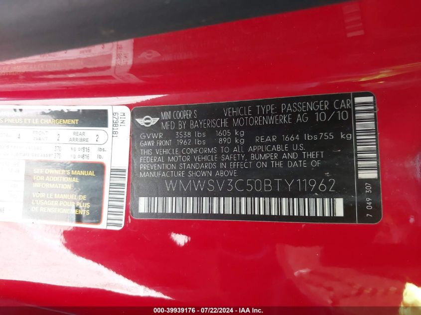 2011 Mini Cooper S VIN: WMWSV3C50BTY11962 Lot: 39939176