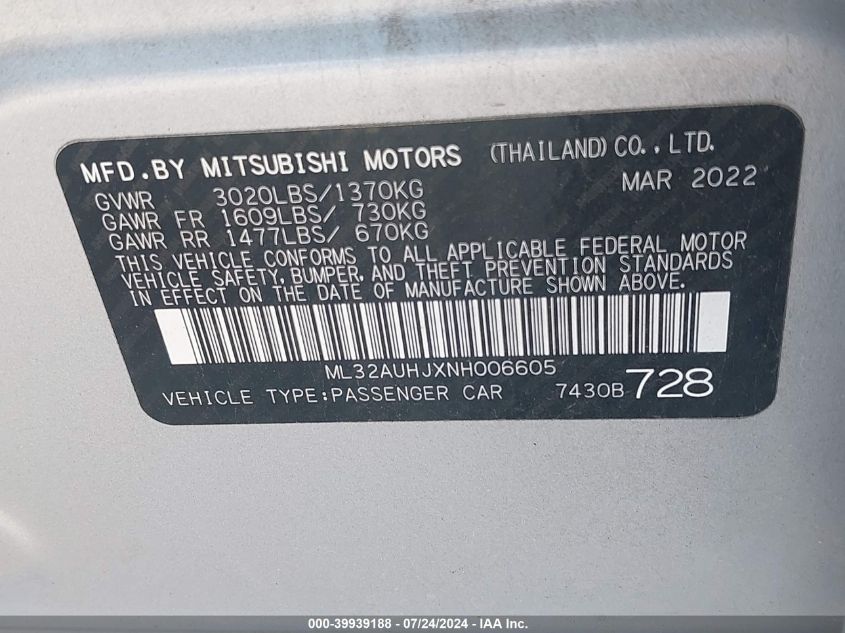 2022 Mitsubishi Mirage Es/Le VIN: ML32AUHJXNH006605 Lot: 39939188