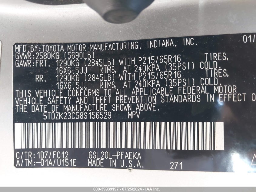 2008 Toyota Sienna Le VIN: 5TDZK23C58S156529 Lot: 39939197