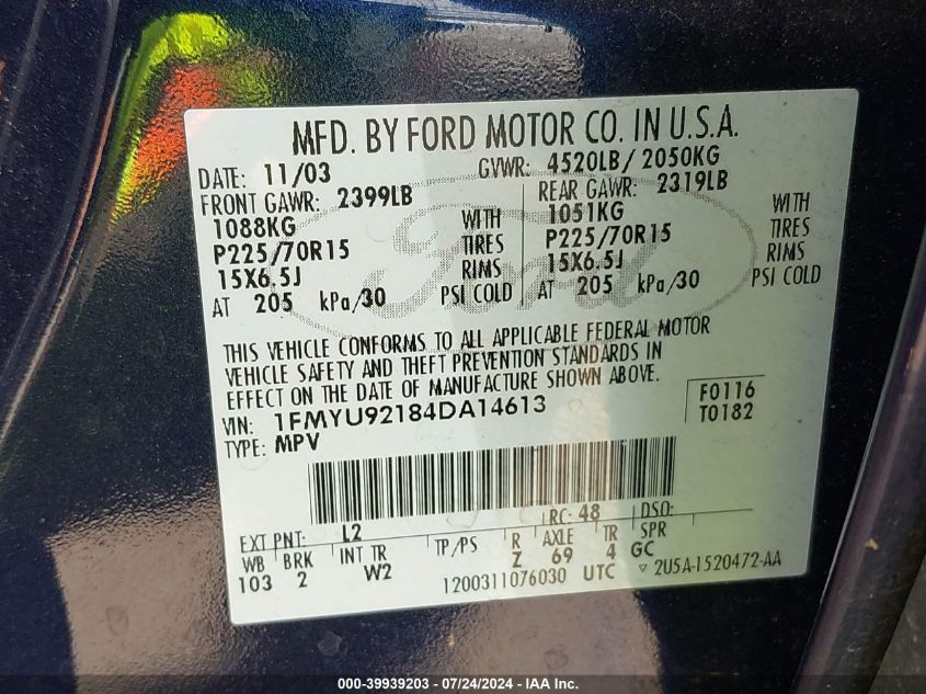 2004 Ford Escape Xls VIN: 1FMYU92184DA14613 Lot: 39939203