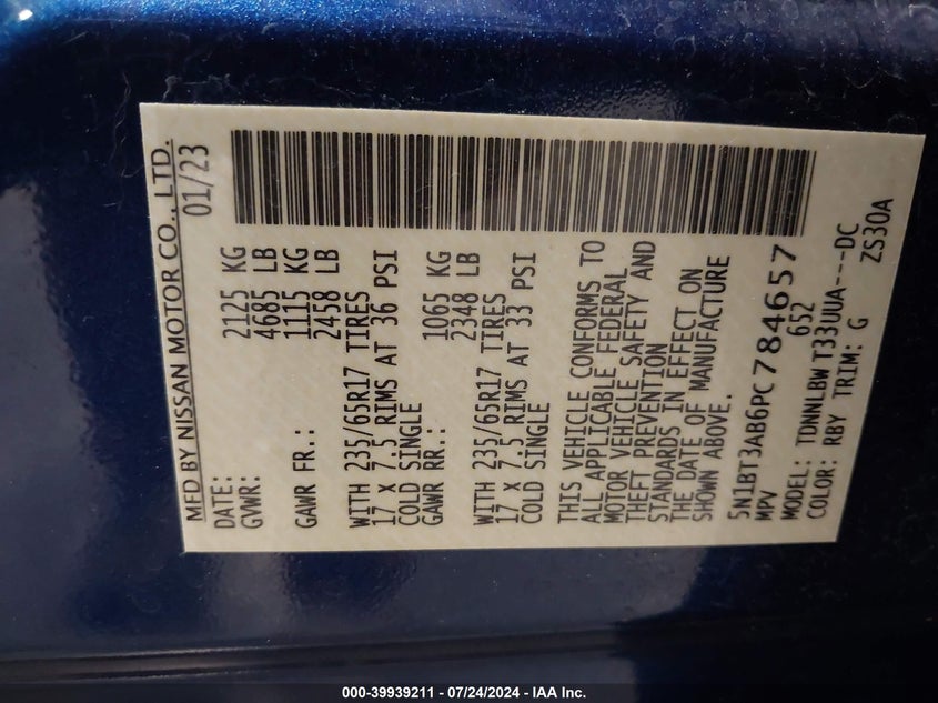 2023 Nissan Rogue S VIN: 5N1BT3AB6PC784657 Lot: 39939211