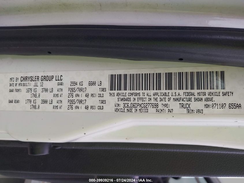 2012 Ram 1500 St VIN: 3C6JD6DPXCG277698 Lot: 39939216
