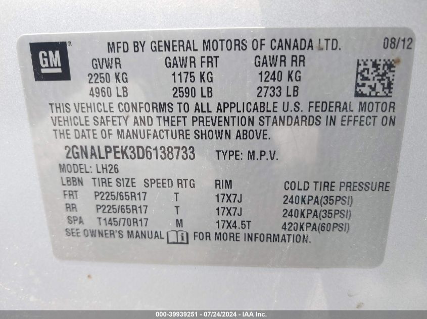 2013 Chevrolet Equinox 2Lt VIN: 2GNALPEK3D6138733 Lot: 39939251