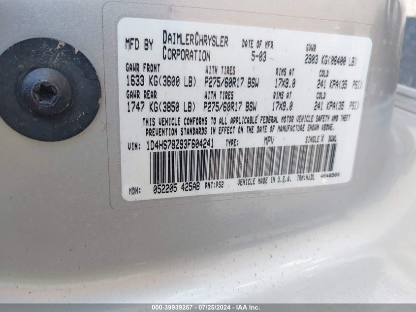 2003 Dodge Durango R/T VIN: 1D4HS78Z93F604241 Lot: 39939257