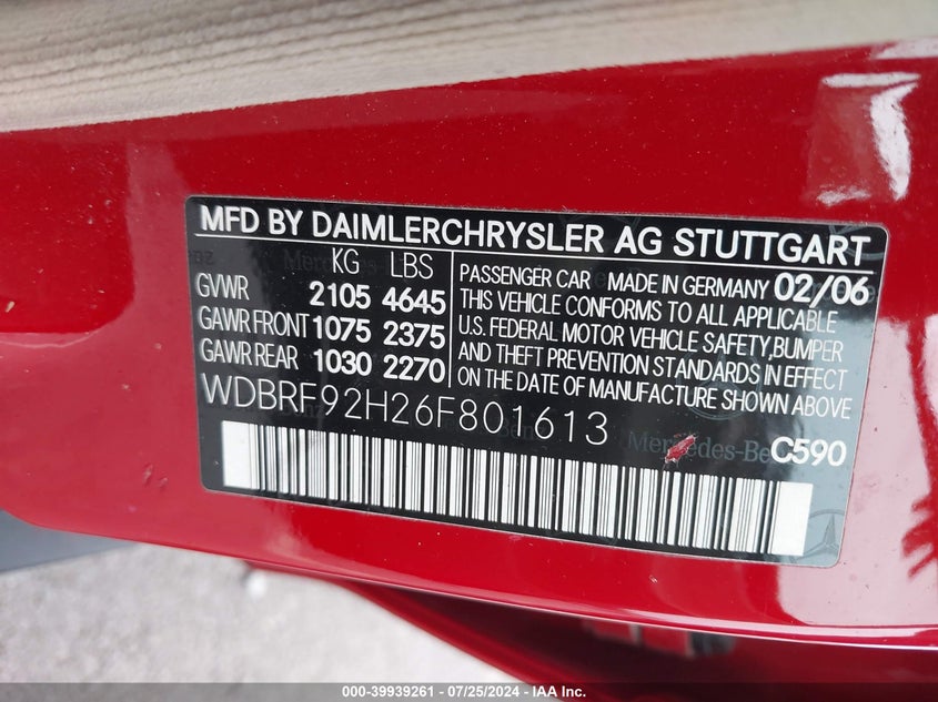 2006 Mercedes-Benz C 280 Luxury 4Matic VIN: WDBRF92H26F801613 Lot: 39939261