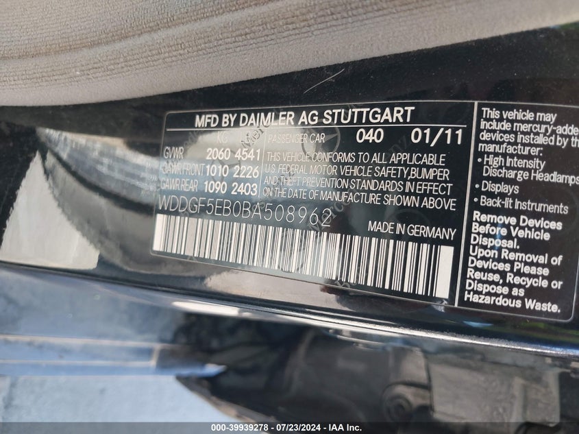 2011 Mercedes-Benz C 300 VIN: WDDGF5EB0BA508962 Lot: 39939278