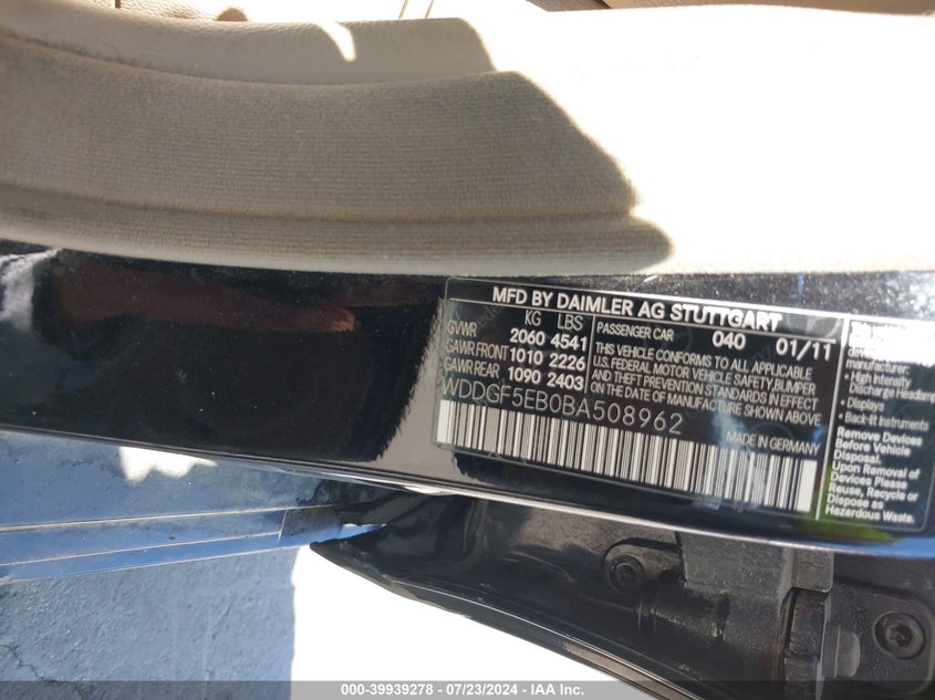 2011 Mercedes-Benz C 300 VIN: WDDGF5EB0BA508962 Lot: 39939278
