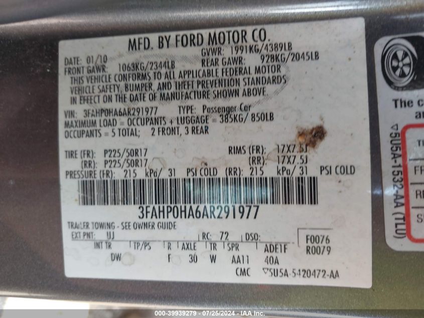 2010 Ford Fusion Se VIN: 3FAHP0HA6AR291977 Lot: 39939279