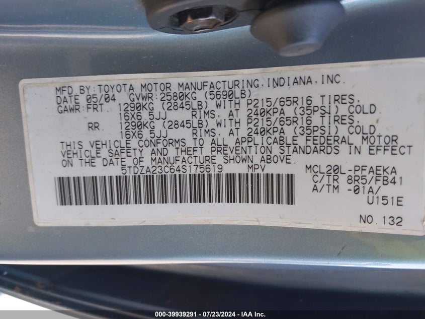 2004 Toyota Sienna Le VIN: 5TDZA23C64S175619 Lot: 39939291