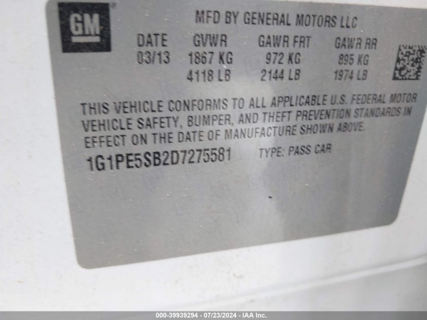 2013 Chevrolet Cruze 2Lt Auto VIN: 1G1PE5SB2D7275581 Lot: 39939294