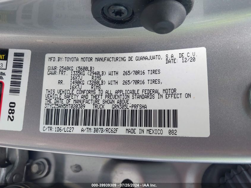 2021 Toyota Tacoma Trd Off-Road VIN: 3TYCZ5AN5MT020309 Lot: 39939309