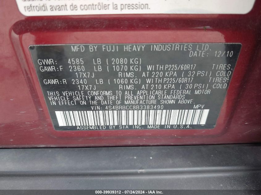 2011 Subaru Outback 2.5I Premium VIN: 4S4BRBCC8B3383490 Lot: 39939312