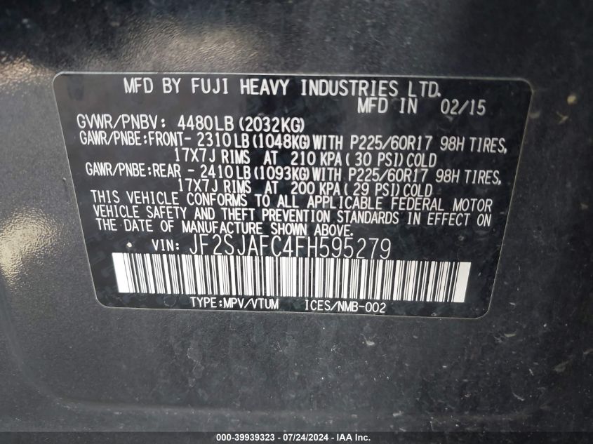 2015 Subaru Forester 2.5I Premium VIN: JF2SJAFC4FH595279 Lot: 39939323