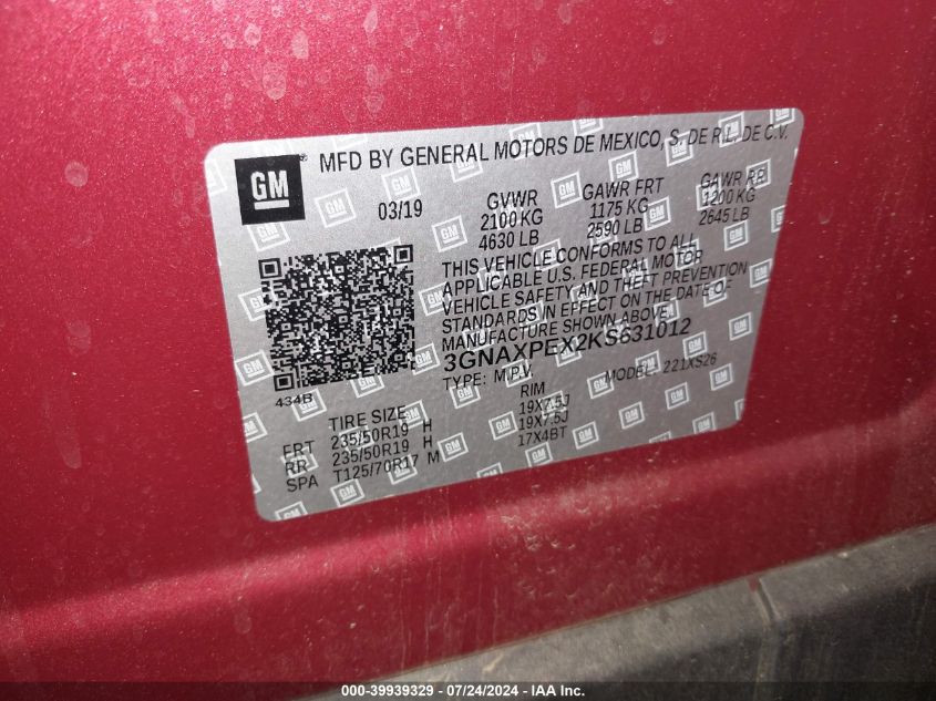 2019 Chevrolet Equinox Premier VIN: 3GNAXPEX2KS631012 Lot: 39939329