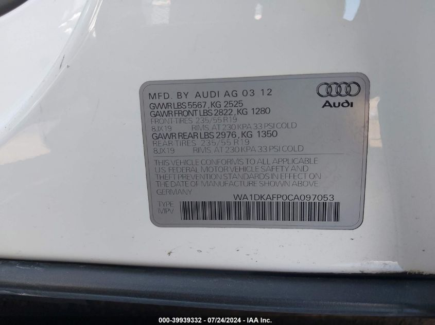 2012 Audi Q5 Premium Plus VIN: WA1DKAFP0CA097053 Lot: 39939332