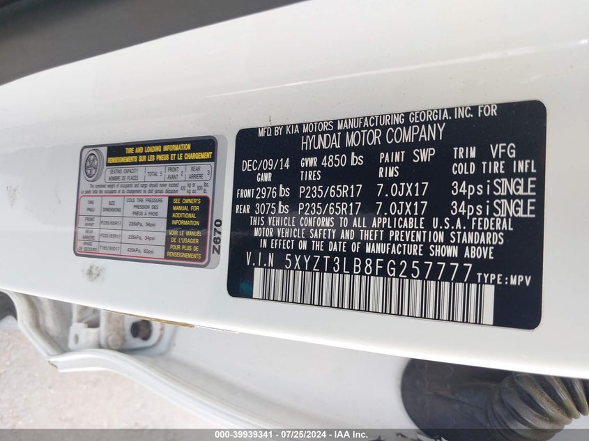 2015 Hyundai Santa Fe Sport 2.4L VIN: 5XYZT3LB8FG257777 Lot: 39939341