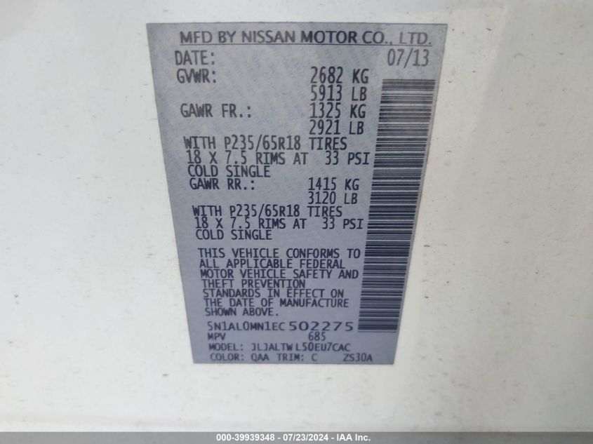 2014 Infiniti Qx60 VIN: 5N1AL0MN1EC502275 Lot: 39939348