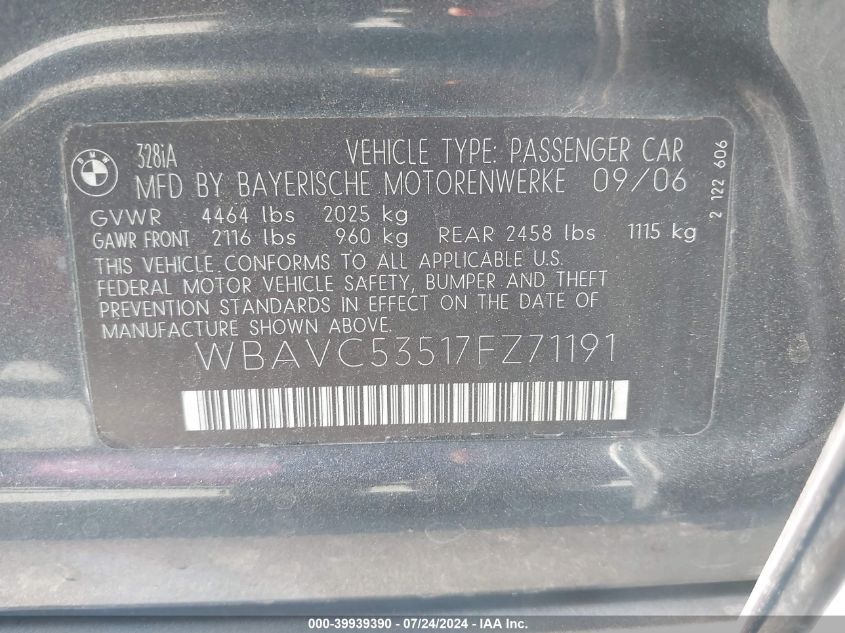 2007 BMW 328I VIN: WBAVC53517FZ71191 Lot: 39939390