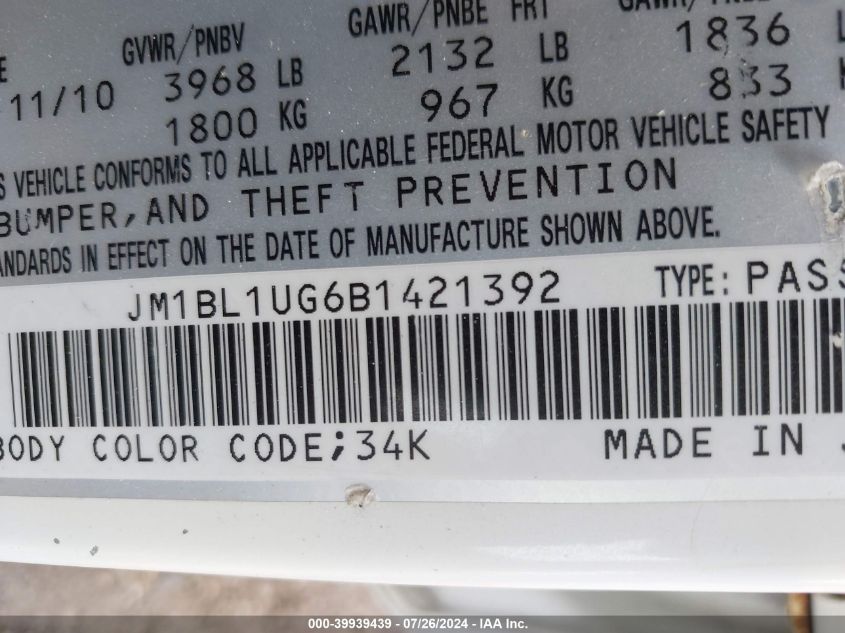 2011 Mazda Mazda3 I Sport VIN: JM1BL1UG6B1421392 Lot: 39939439