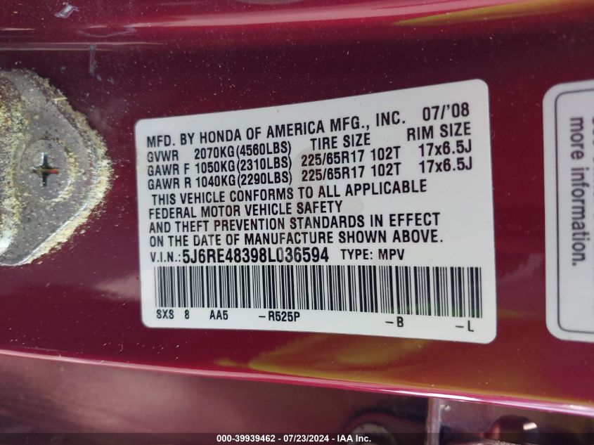 2008 Honda Cr-V Lx VIN: 5J6RE48398L036594 Lot: 39939462