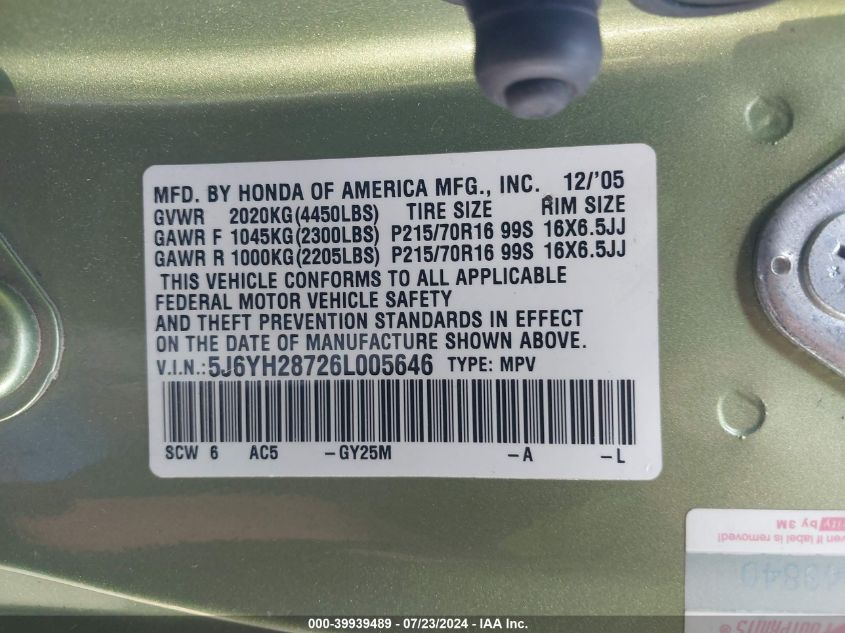 2006 Honda Element Ex-P VIN: 5J6YH28726L005646 Lot: 39939489