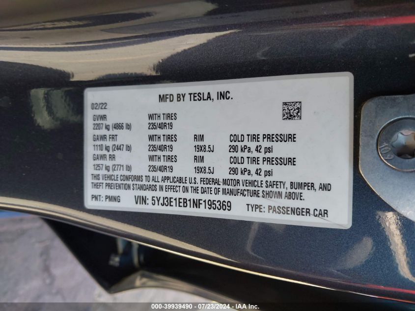 2022 Tesla Model 3 Long Range Dual Motor All-Wheel Drive VIN: 5YJ3E1EB1NF195369 Lot: 39939490