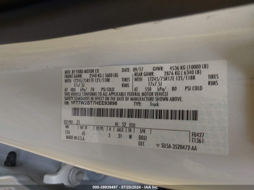 2017 Ford F250 Super Duty VIN: 1FT7W2BT7HEE93898 Lot: 39939497